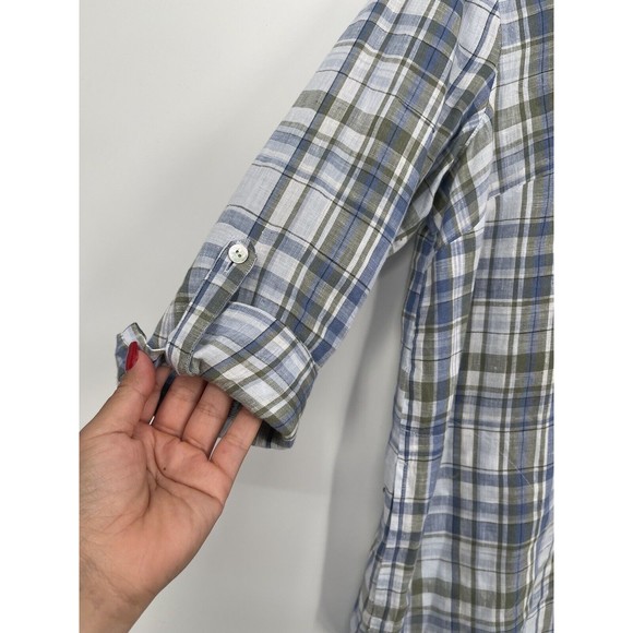 J JILL Tunic PS Shirt Plaid 100% Linen 1/2 Button Front Roll Tab Sleeve Blue - Picture 3 of 6
